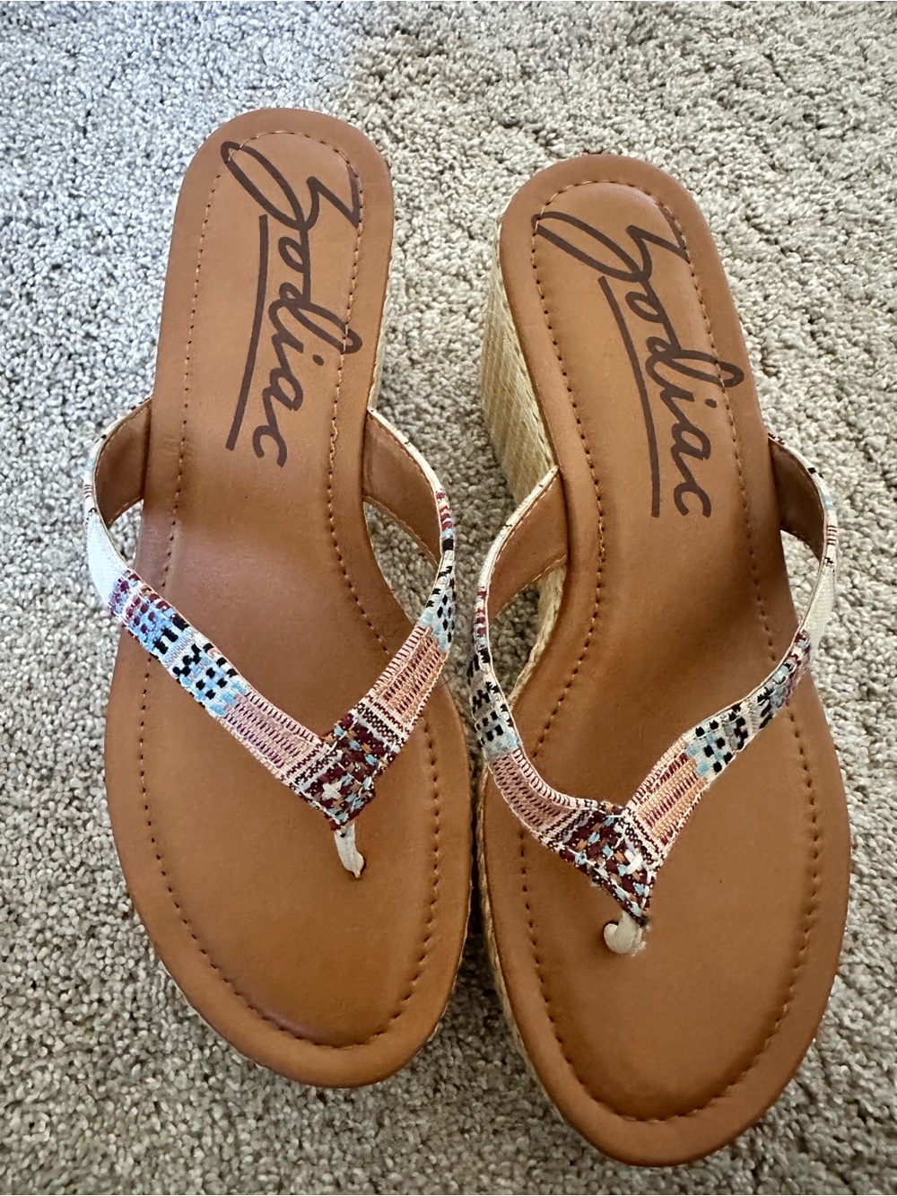 Zodiac Brown Wedge Sandals with Multicolor Woven Straps